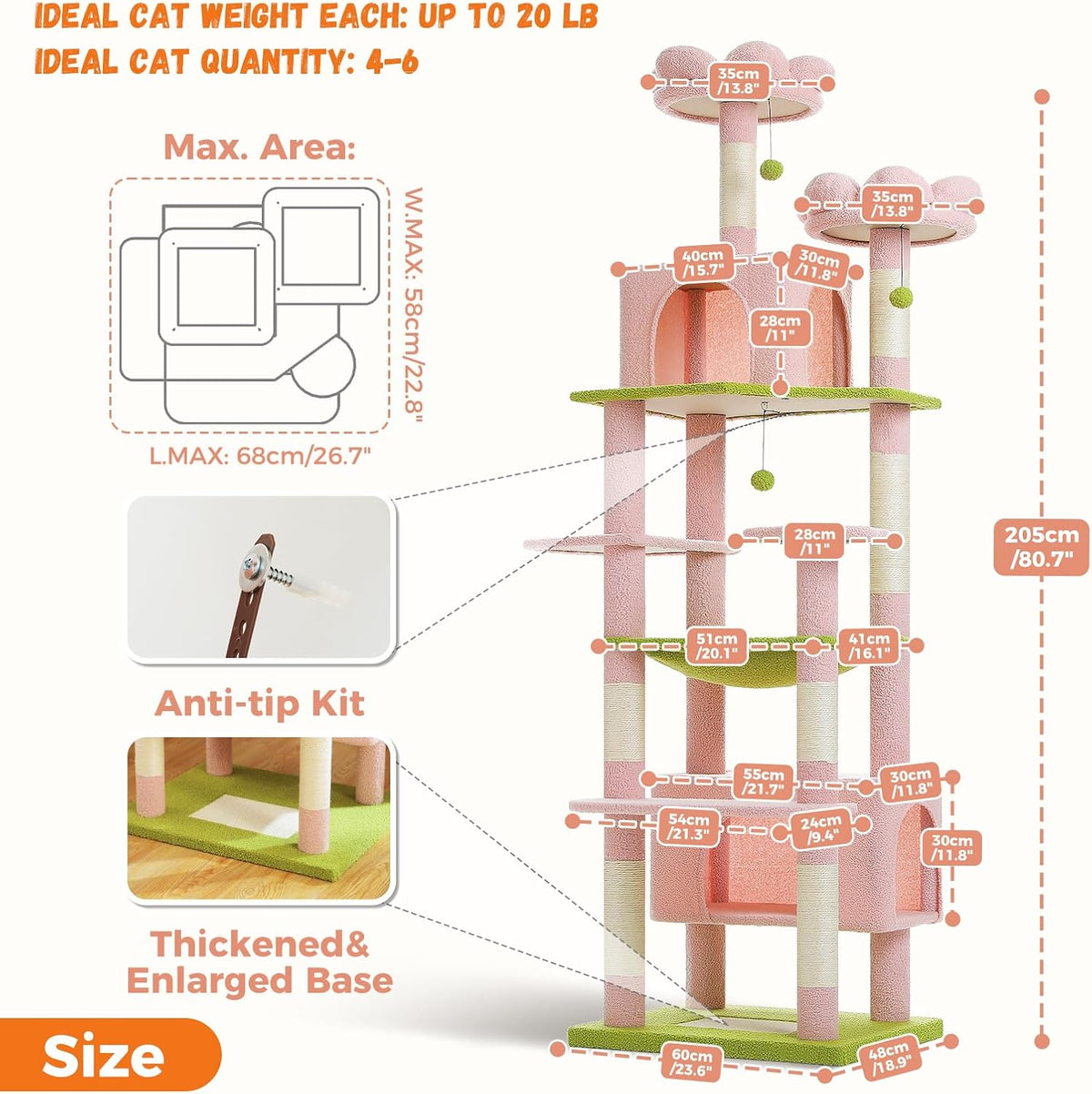 PAWZ Road Flower Cat Tree for Large Cats, 81 Inches Pink Tall Cat Tower with 2 Perches, 2 Condos