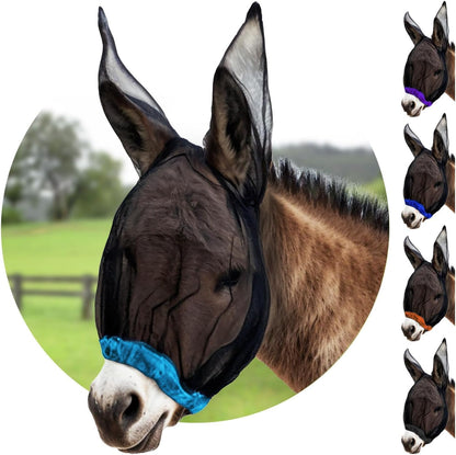 Donkey Fly Mask with Long Ears (Aqua) Made in USA - Mule Fly Mask with Ears Protection from Insects