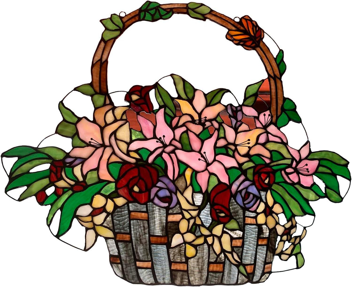 Bieye W10037 Lily and Rose Flower Gaily Decorated Basket Tiffany Style Stained Glass Window Panel