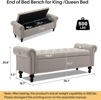58.1'' Storage Bench Upholstered Linen End of Bedroom Bed Bench Ottoman with Tufted Cushioned