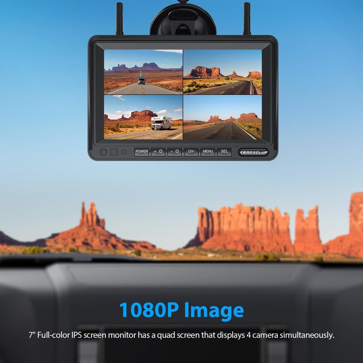 4 Cameras Wireless RV Backup System with 7-Inch Monitor, 2 Rear Sharkfin 2 Side Cameras, IR Night