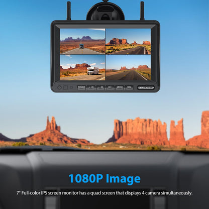 4 Cameras Wireless RV Backup System with 7-Inch Monitor, 2 Rear Sharkfin 2 Side Cameras, IR Night