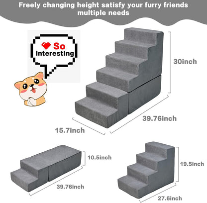 Dog Stair Steps for High Beds 30 inches Tall, 33D Foam Dog Ramp for Bed 30-32 inches, 6-Step Pet