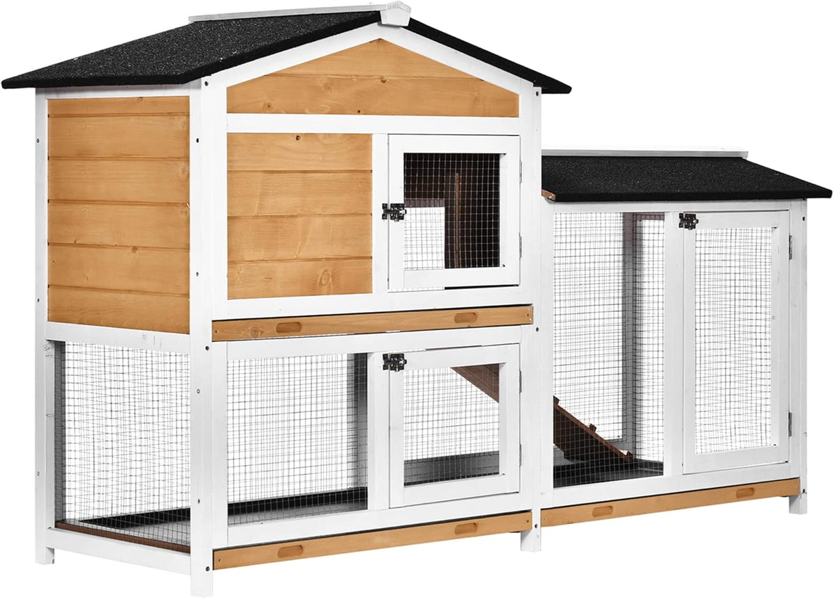 PawHut 62" Rabbit Hutch, Wooden Bunny Hutch, Guinea Pig Cage, Small Animal Enclosure with Run Area