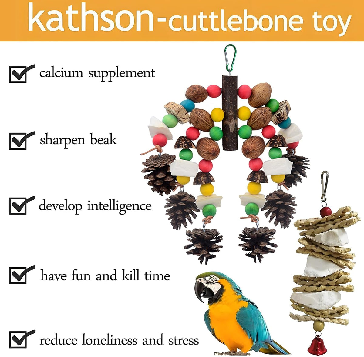 kathson Parrot Chew Toys, Medium Size Natural Wooden Bird Toys with Colorful Blocks, Hanging Bird