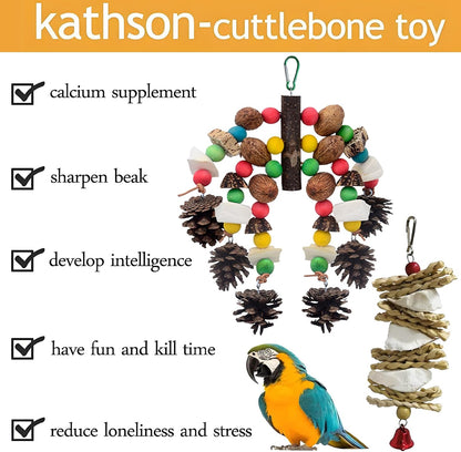 kathson Parrot Chew Toys, Medium Size Natural Wooden Bird Toys with Colorful Blocks, Hanging Bird