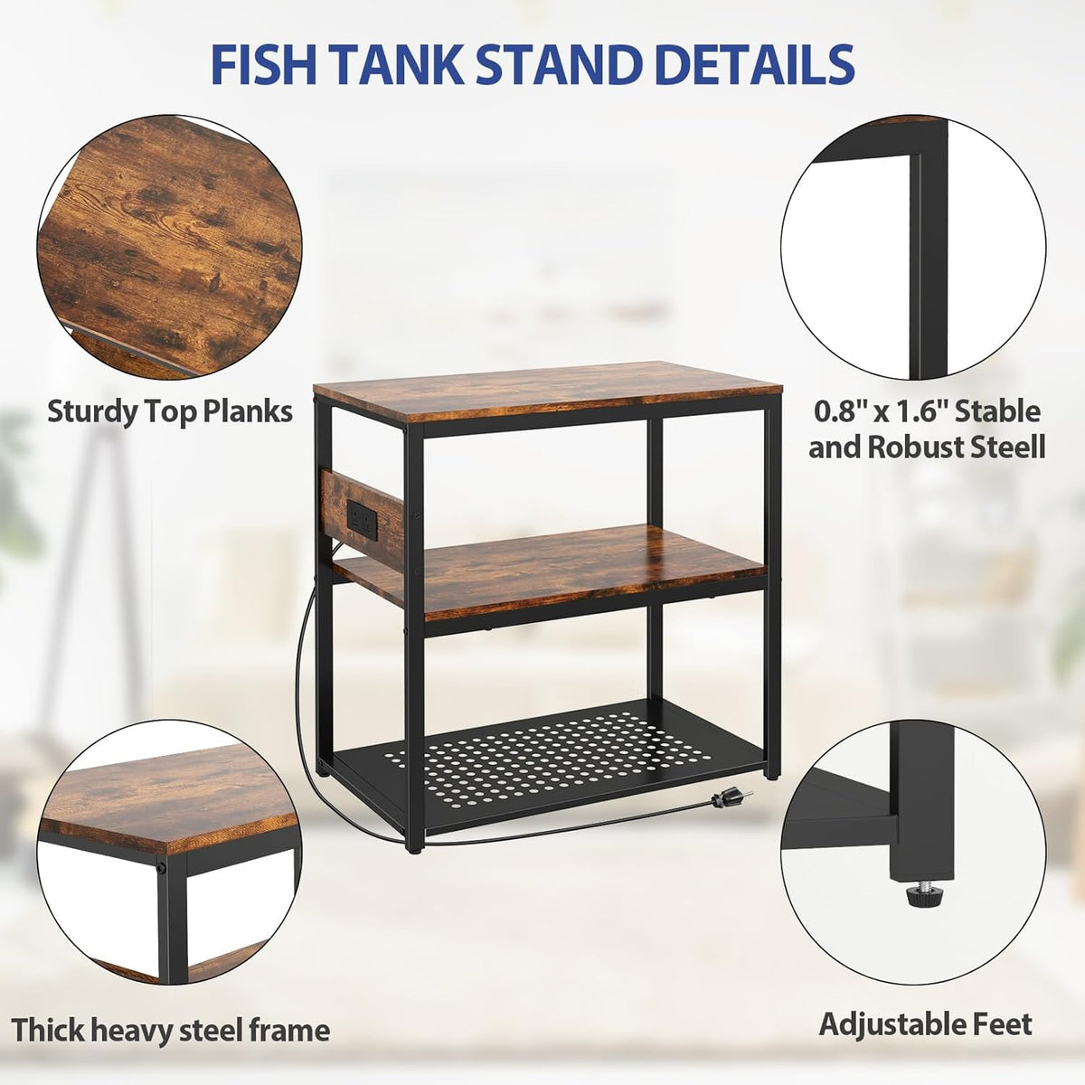 20-29 Gallon Fish Tank Stand With Power Outlets, 3-Tier Metal Aquarium Stands, Breeder Reptile Tank