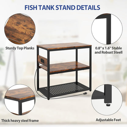 20-29 Gallon Fish Tank Stand With Power Outlets, 3-Tier Metal Aquarium Stands, Breeder Reptile Tank