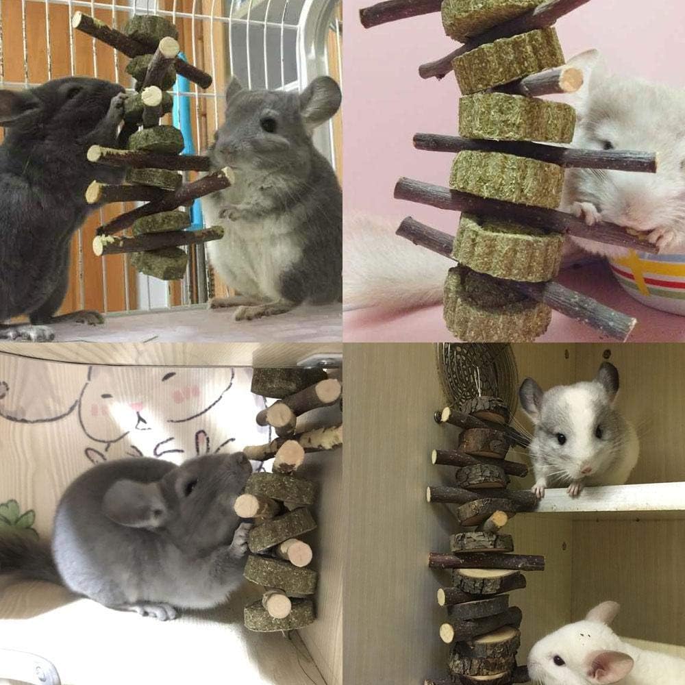Bunny Chew Toys for Teeth, Organic Apple Wood Molar Sticks with Timothy Hay Circles for Bunny