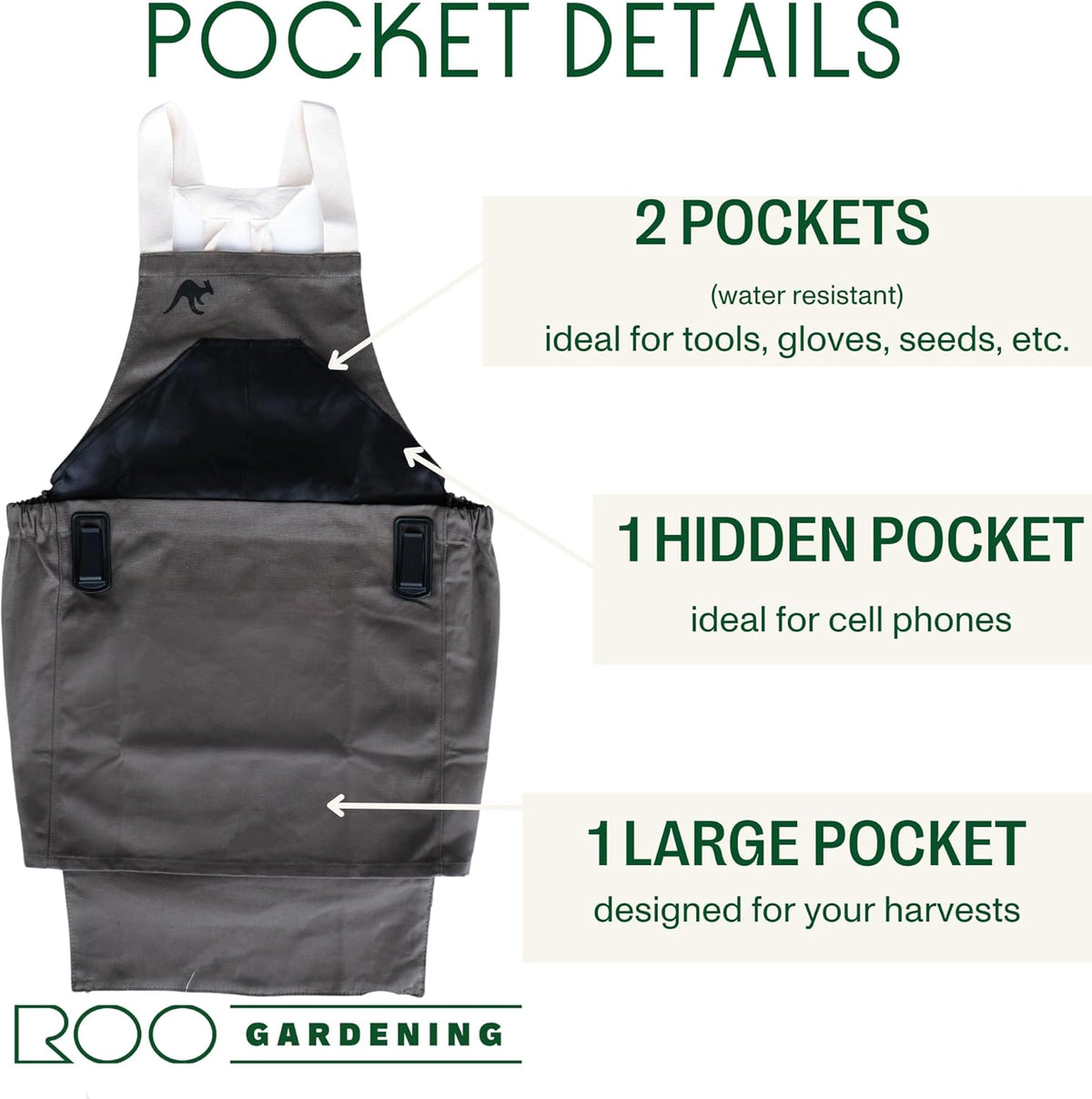 Roo Gardening Apron with Pockets & Harvesting, Picking Pouch - Adjustable, Water-resistant