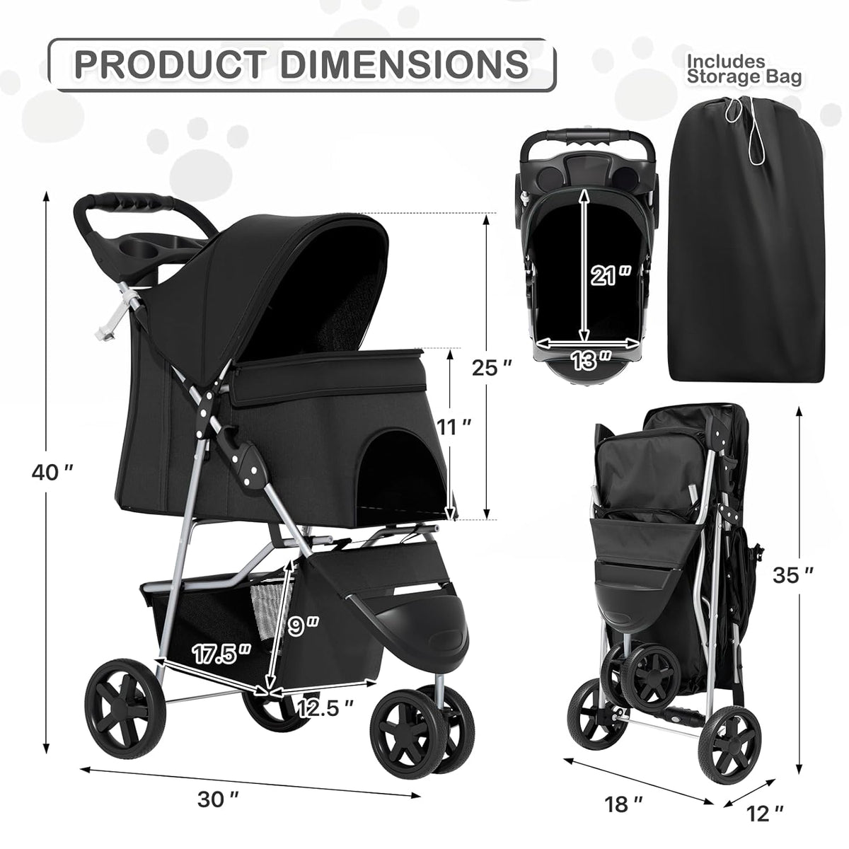 MoNiBloom Foldable Pet Stroller with Weather Cover, 3 Wheels Pet Strolling Cart for Small/Medium