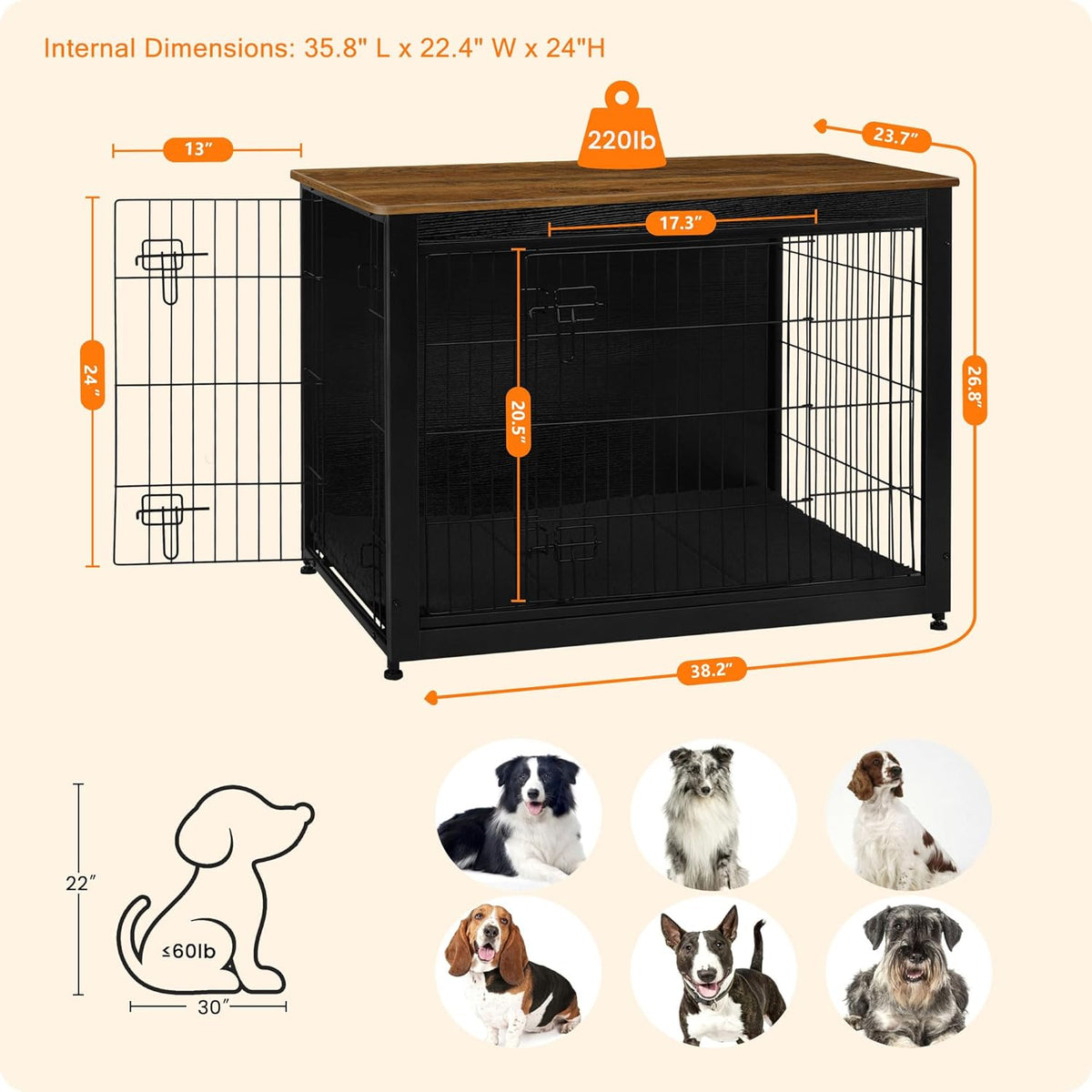 DWANTON Dog Crate Furniture with Cushion, Wooden Kennel Table with Double Doors, Indoor Dog House