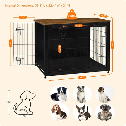 DWANTON Dog Crate Furniture with Cushion, Wooden Kennel Table with Double Doors, Indoor Dog House