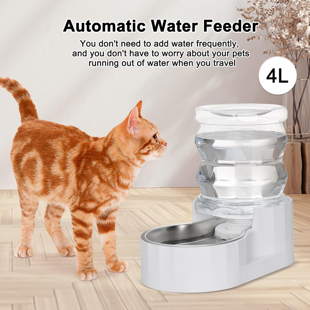 RIZZARI Pet Water Bowl Dispenser: 4L Automatic Stainless Steel Gravity Feeder - Large Capacity