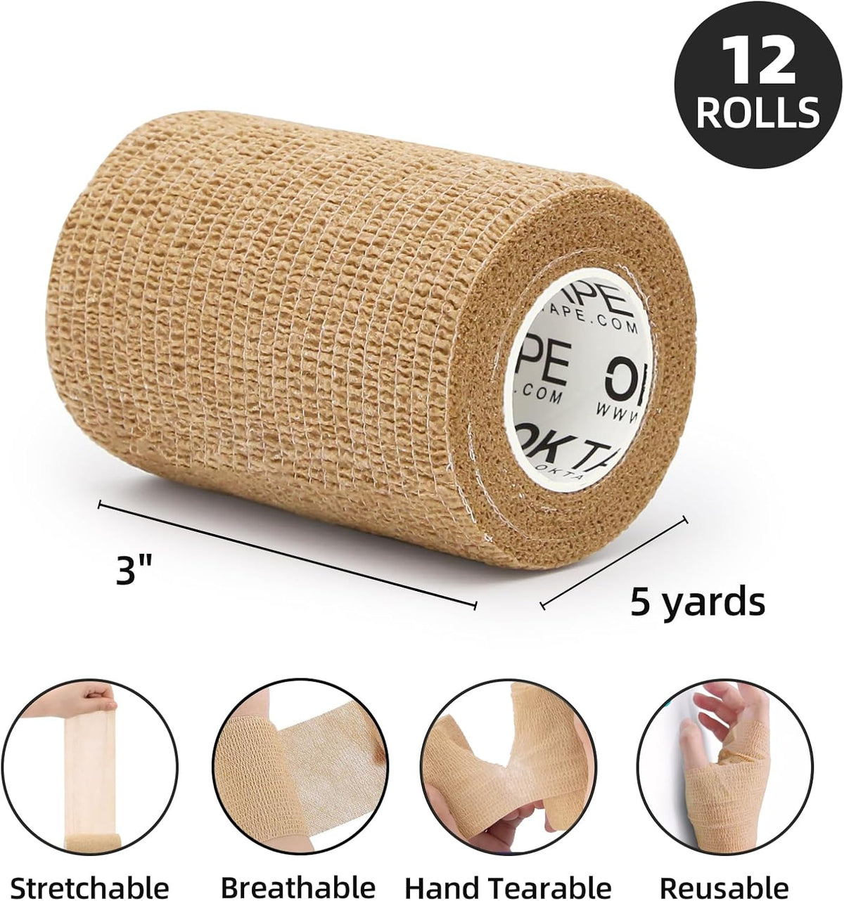 OK TAPE Self Adherent Cohesive Bandages Wrap - 12Packs, 3" x 5 Yards, Non-Woven Self Adhesive