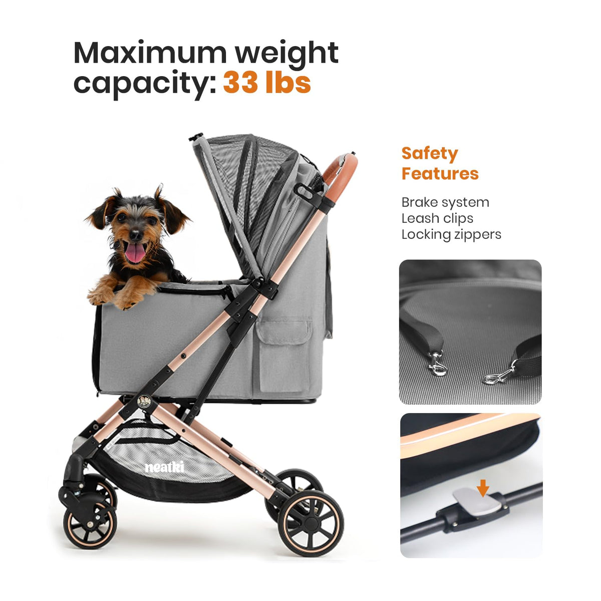 Foldable Pet Stroller for Dogs and Cats, 33 lbs Capacity, 360° Swivel Front Wheels, One-Click Fold