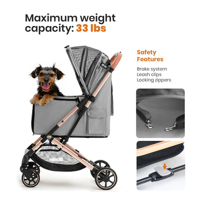 Foldable Pet Stroller for Dogs and Cats, 33 lbs Capacity, 360° Swivel Front Wheels, One-Click Fold