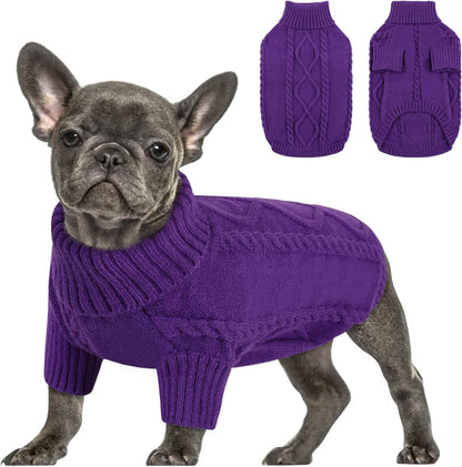 Queenmore Small Dog Pullover Sweater, Cold Weather Cable Knitwear, Classic Turtleneck Thick Warm