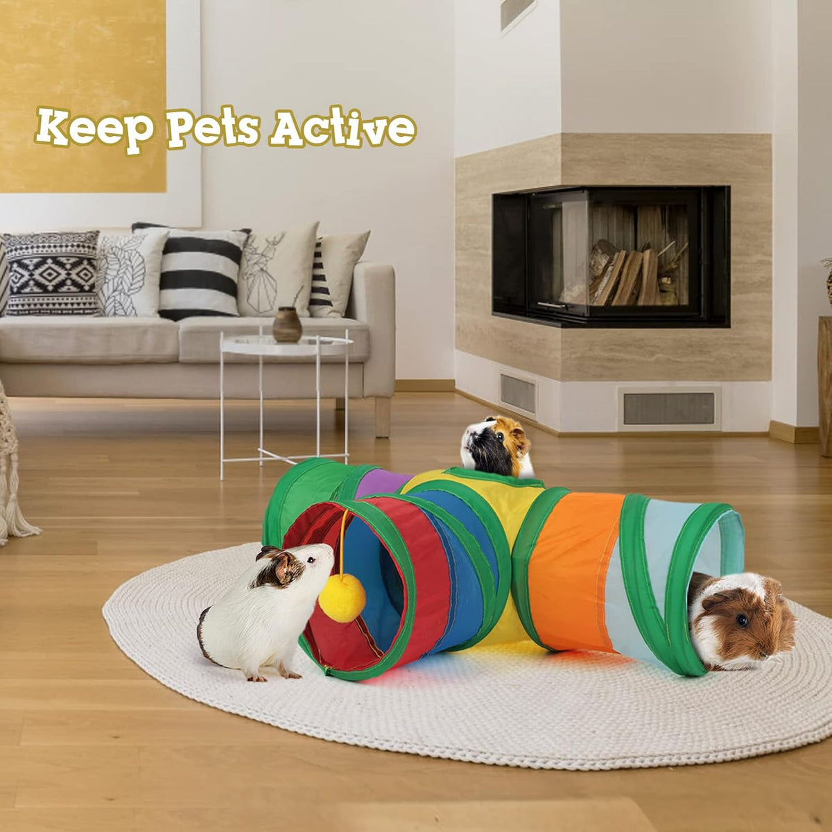 Rypet Guinea Pig Tunnel 3 Way Collapsible Small Pet Tunnels and Tubes with Interactive Ball for