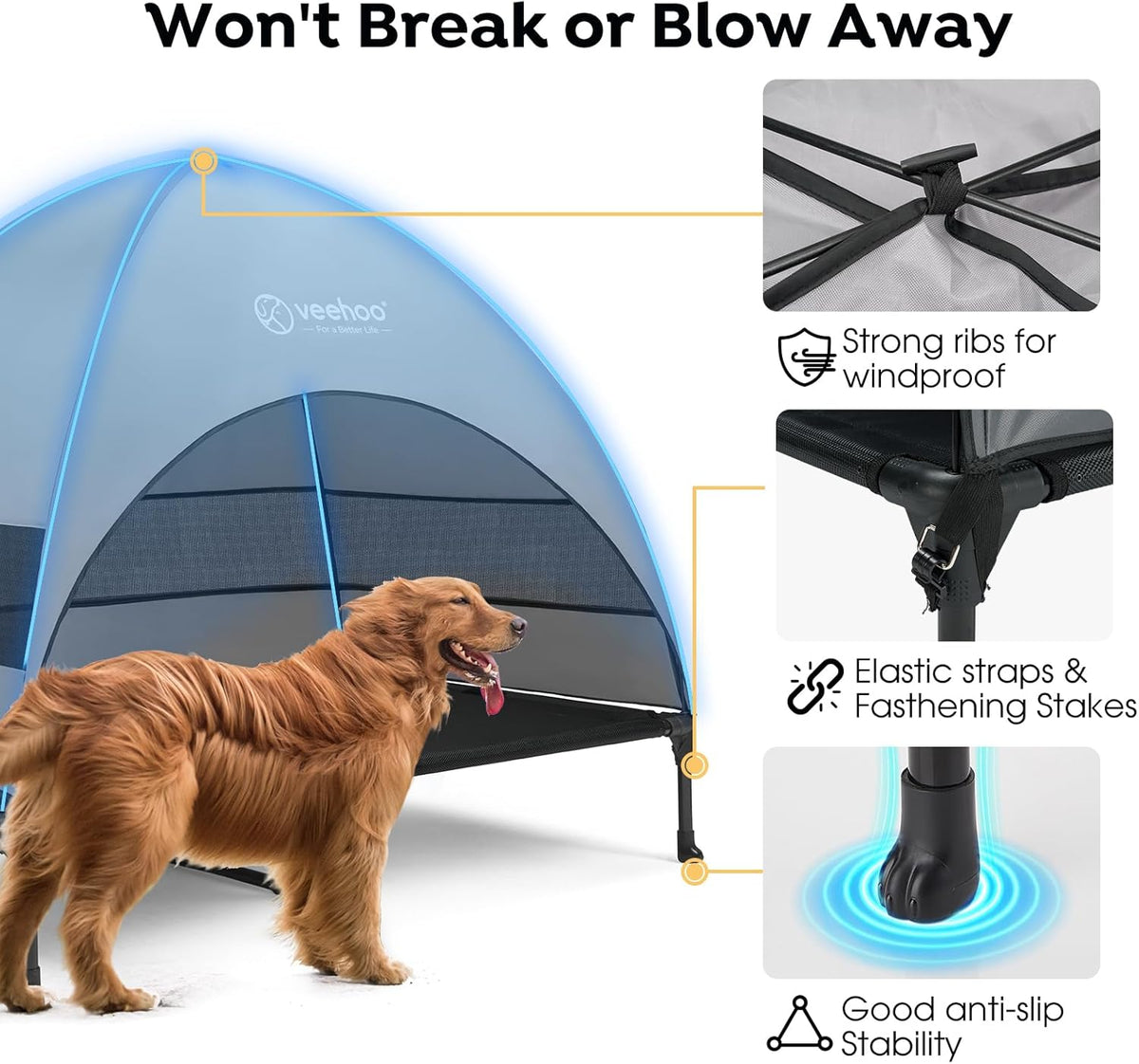 Veehoo Outdoor Dog Bed with Canopy, Cooling Elevated Pet Cot with Removable Shade, Non-Slip Feet