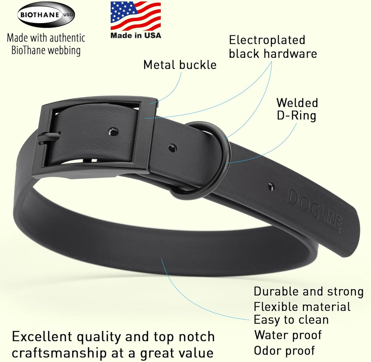 Dogline Biothane Waterproof Dog Collar Strong Coated Nylon Webbing with Black Hardware Odor- Proof