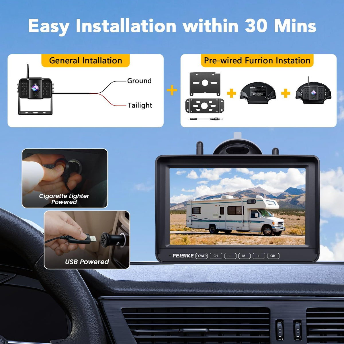 Dual RV Backup Camera Wireless with 7" 1080P Monitor, for Furrion Pre-Wired RVs, 4-Channel Split