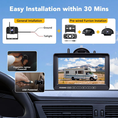 Dual RV Backup Camera Wireless with 7" 1080P Monitor, for Furrion Pre-Wired RVs, 4-Channel Split