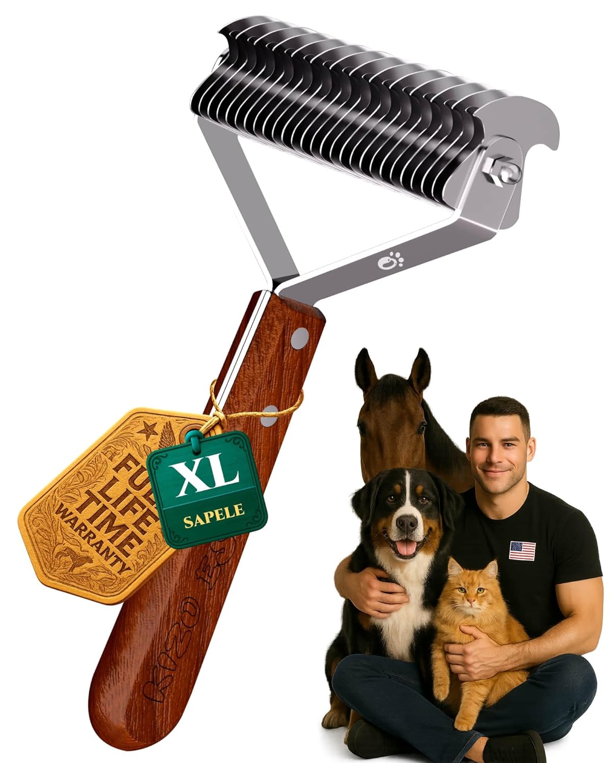 Extra Large 2-Sided Undercoat Rake for Dogs & Cats, Dog Brush for Shedding Remove Mats, Dematting