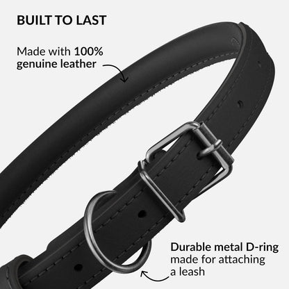 CollarDirect Rolled Leather Dog Collar, Soft Padded Round Puppy Collar, Handmade Genuine Leather