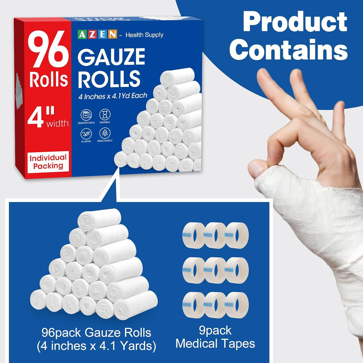 AZEN 96 Pack Gauze Rolls Bandages, 4 in x 4.1 Yards, Premium Medical Supplies & First Aid Supplies