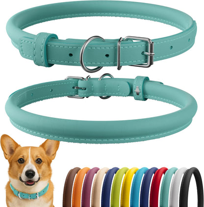 CollarDirect Rolled Leather Dog Collar, Soft Padded Round Puppy Collar, Handmade Genuine Leather