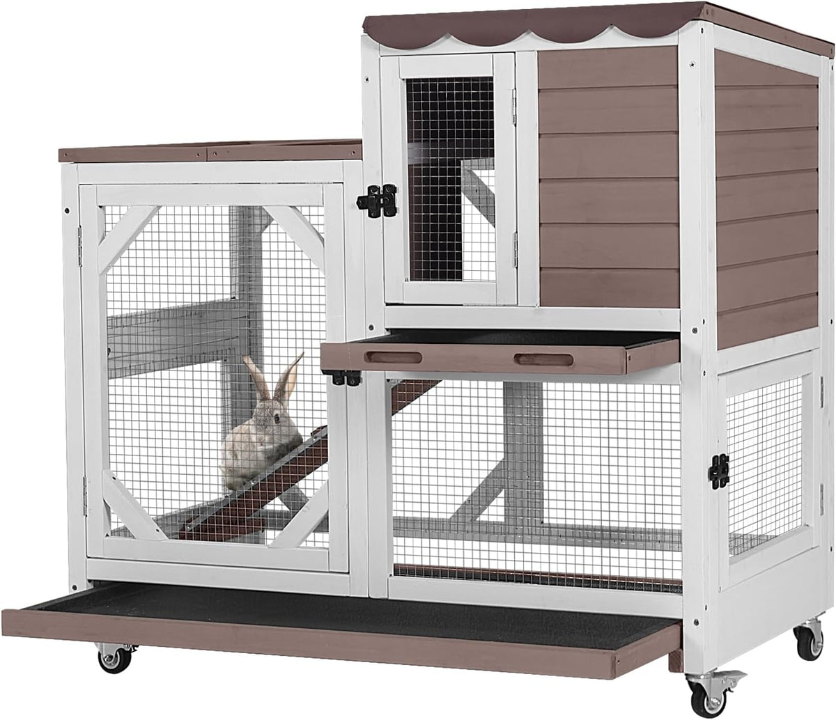 GUTINNEEN Rabbit Hutch Indoor Outdoor 2 Story Bunny House on Wheels Wood Rabbit Cage with 2 Pull