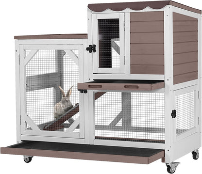 GUTINNEEN Rabbit Hutch Indoor Outdoor 2 Story Bunny House on Wheels Wood Rabbit Cage with 2 Pull