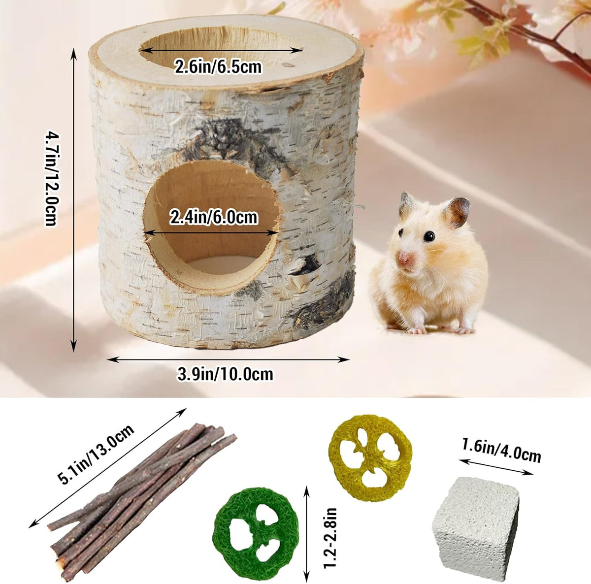 Wooden Hamster Tunnels,Natural Birch Wood Hamster Tree Hole Tube Hamster Chew Toy Small Animal