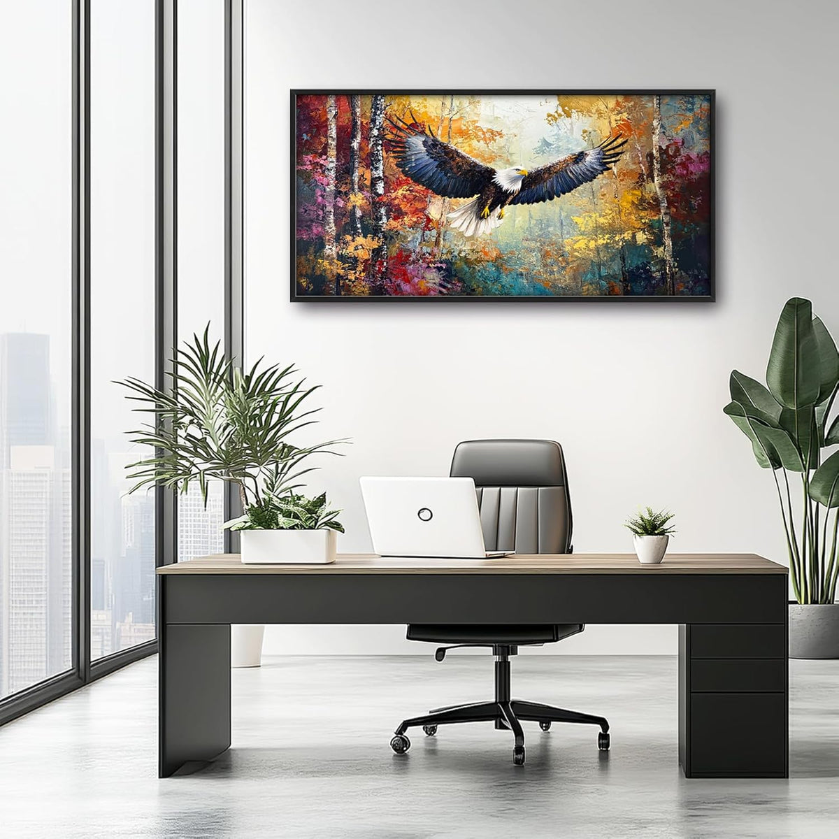 Extra Large Framed Bald Eagle Wall Art,Abstract Colorful Forest Wall Decor,Autumn Fall Forest