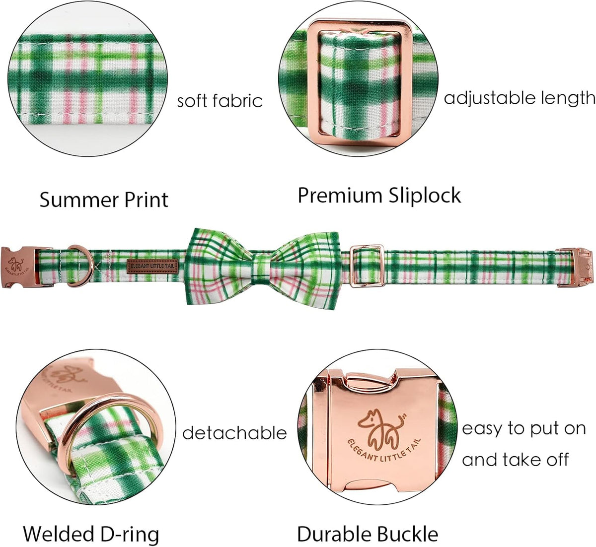 Elegant Little Tail Dog Collar with Bow - Pink with Green Plaid, Cute Bowtie, Adjustable for Medium