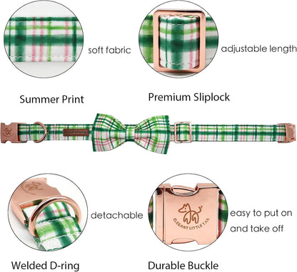 Elegant Little Tail Dog Collar with Bow - Pink with Green Plaid, Cute Bowtie, Adjustable for Medium