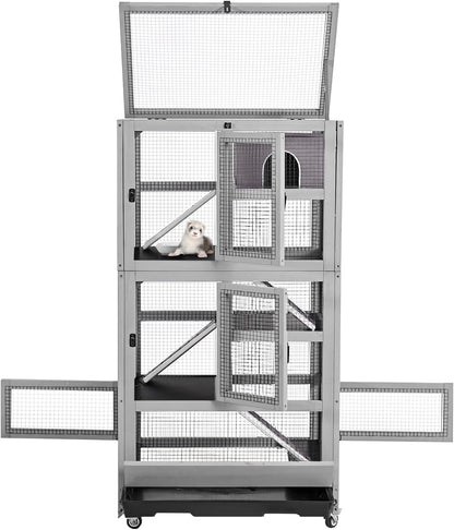 Large Ferret Cage, Chinchilla Cage with 5 Levels, Wooden Guinea Pig Cages with Wheels, Small Animal