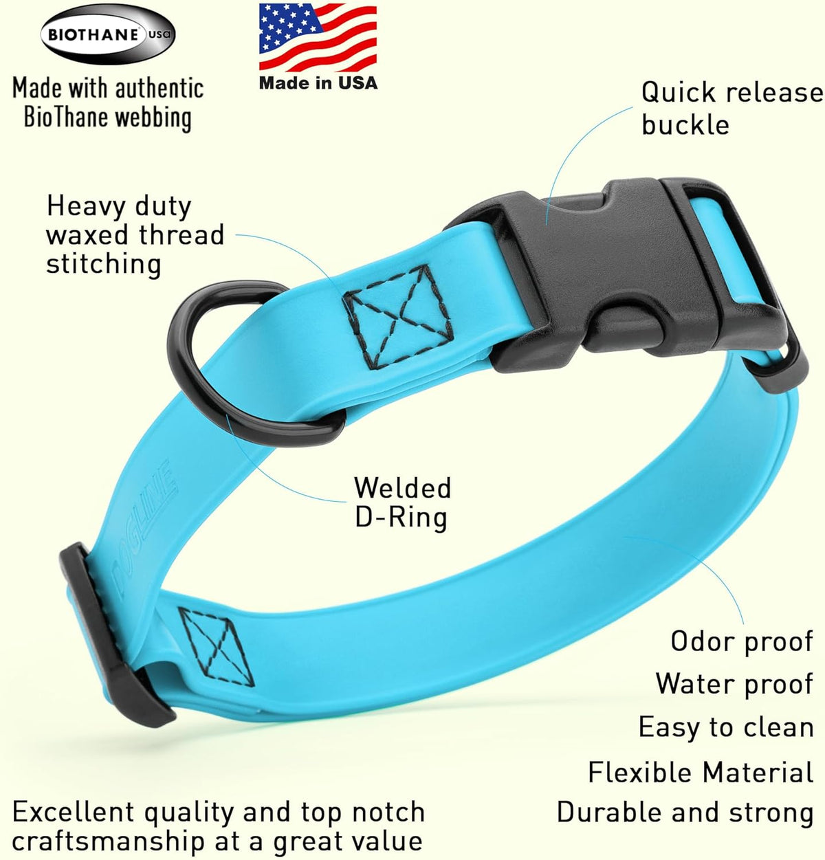 Dogline Biothane Waterproof Dog Collar with Quick Release Buckle Strong Coated Nylon Webbing with