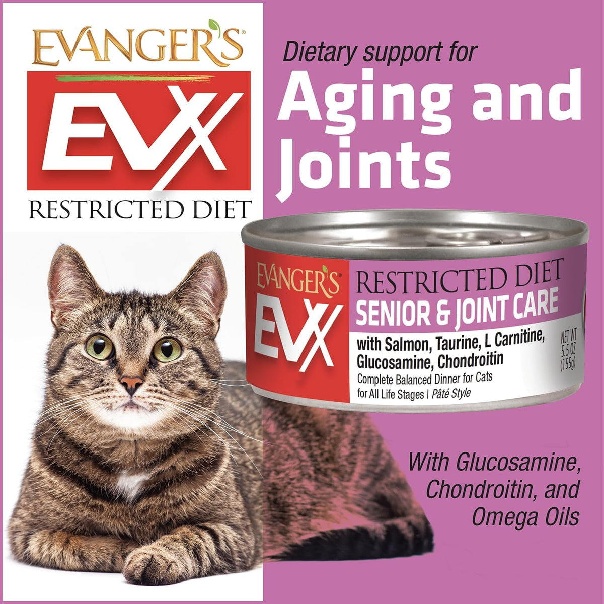 Evanger’s EVX Restricted Diet Senior and Joint Health Canned Cat Food – 24 Count, 5.5 oz Cans Each