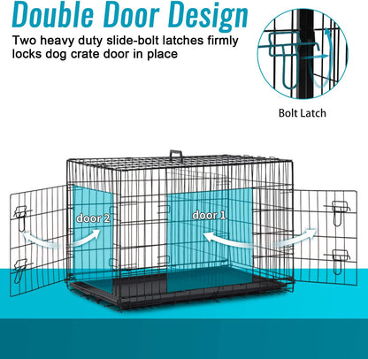 FDW Dog Crate for Small Dogs 24 Inch Folding Metal WirePet Cage Double Door W/Divider Panel Indoor