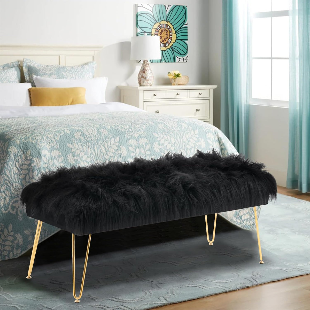 42.5 Inch Black Bedroom Bench, Benches for Bedroom White Faux Fur Upholstered Bed end Bench