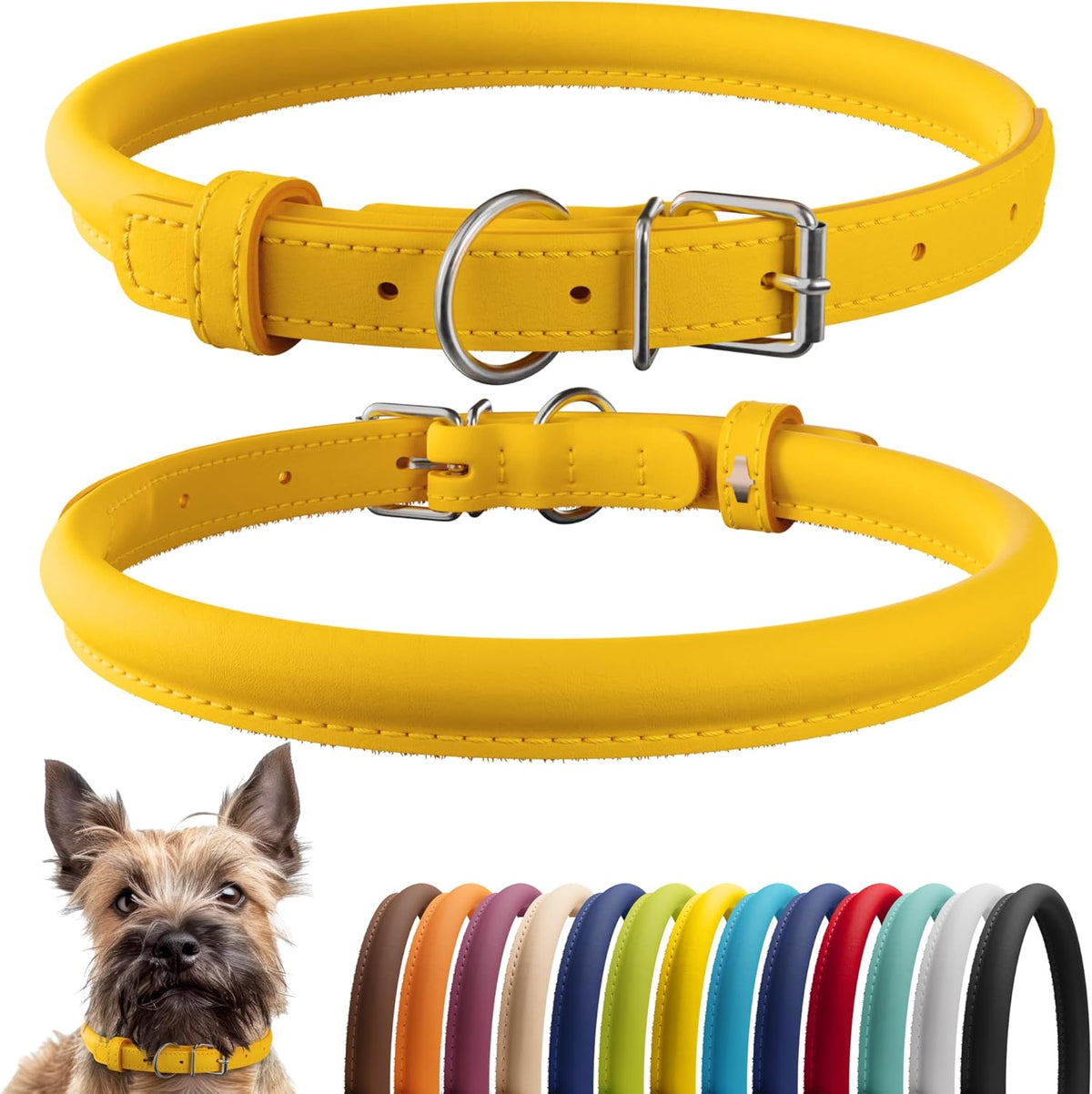 CollarDirect Rolled Leather Dog Collar, Soft Padded Round Puppy Collar, Handmade Genuine Leather