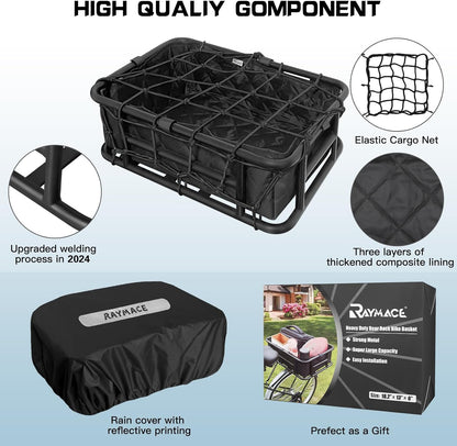 RAYMACE Rear Rack Bike Basket with Cargo Net and Liner Large Bicycle Basket Perfect Mount for