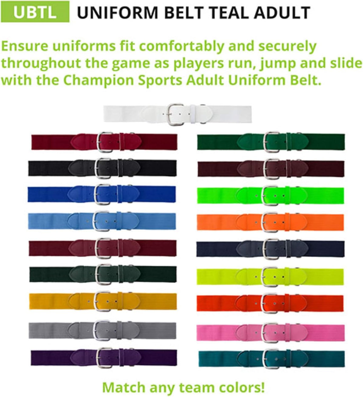 Champion Sports Baseball/Softball Uniform Belt, Comfort Stretch Fit Durable Syntex Tab - Youth &