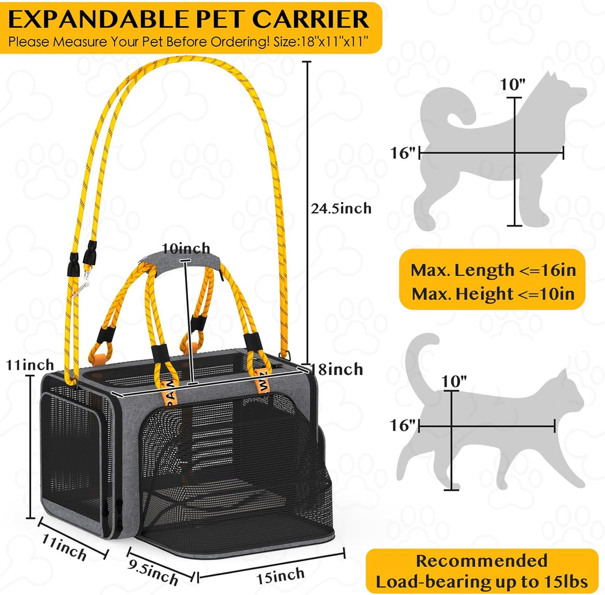 PAWZIDEA Expandable Pet Carrier w/ID Card, 18x11x11 in Small Dog Carrier TSA Airline Approved, Top