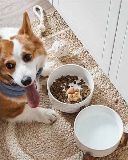 LE TAUCI Dog Bowl Set with Acacia Wood Stand - 1.5-Cup Ceramic Puppy Bowls for Small Dogs, Dual