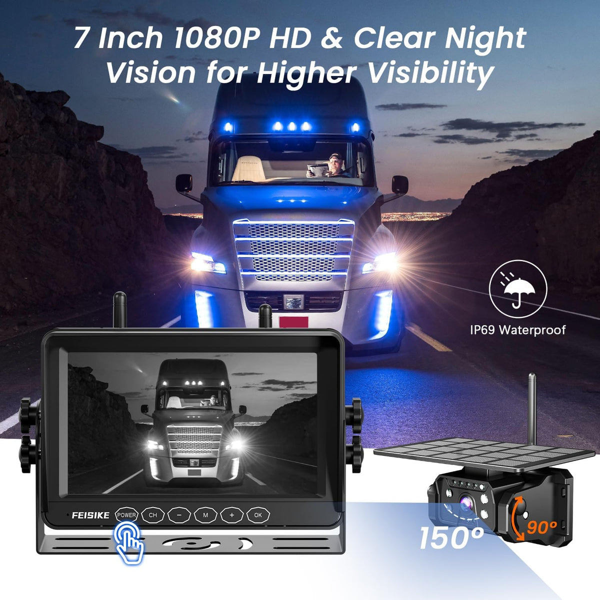 Dual Magnetic Solar Wireless Backup Camera for RV Truck Trailer ??7" 1080P Monitor with Recording
