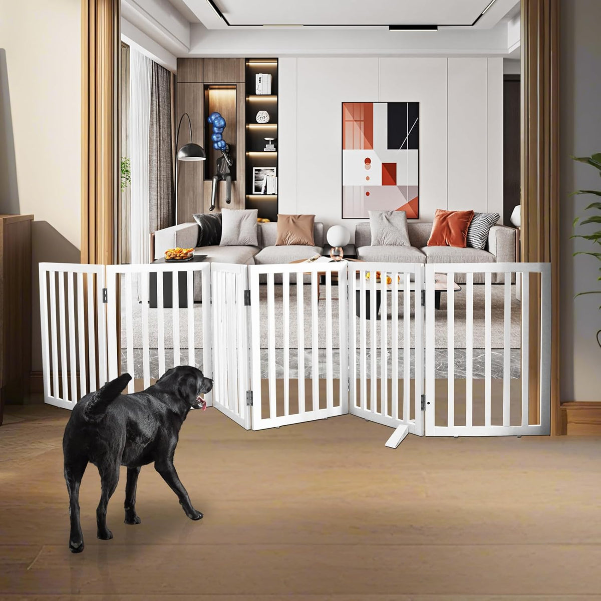 ZJSF Freestanding Indoor Dog Gate for House Foldable Wood White Puppy Gate for Doorways Pet Gate