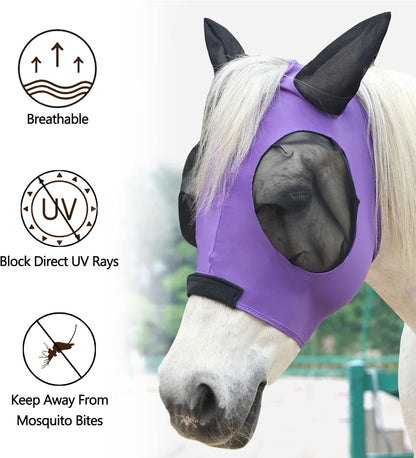 Horse Fly Mask with Ears - Large Eye Space for Full Vision, Breathable Stretch Comfort Fit, UV